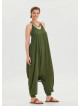 Khaki Bohemian Jumpsuit with Elasticated Legs and Tied Neck 4483